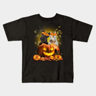 Scottish Terriers Spooky Halloween Pumpkin Dog Head Kids T-Shirt